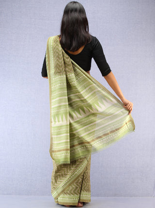Light Green Ivory Chanderi Hand Block Printed Saree With Geecha Border - S031704499