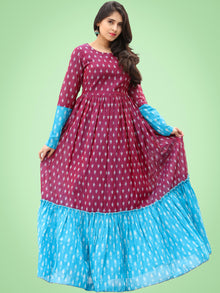 Mohak - Wine Blue Hand Woven Silk Cotton Ikat Tier Dress - D175F1971