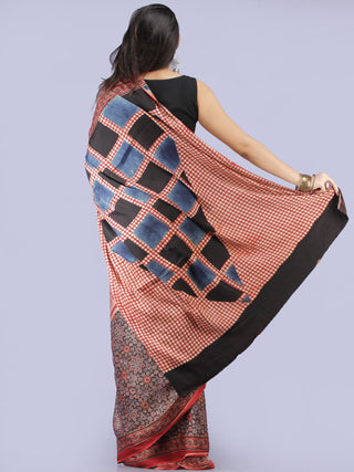 Beige Red Indigo Black Ajrakh Hand Block Printed Modal Silk Saree - S031704259