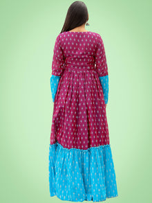 Mohak - Wine Blue Hand Woven Silk Cotton Ikat Tier Dress - D175F1971