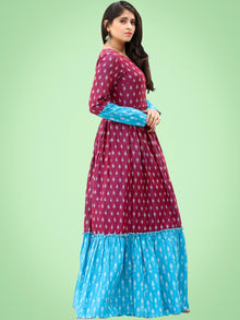 Mohak - Wine Blue Hand Woven Silk Cotton Ikat Tier Dress - D175F1971