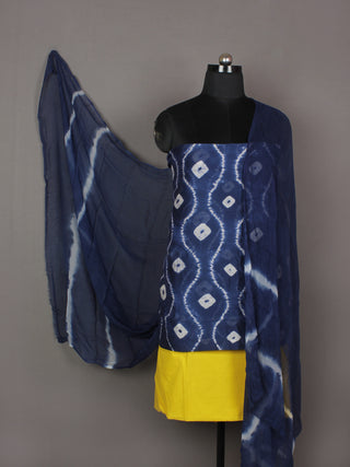 Indigo Ivory Yellow Hand Shibori Dyed Chanderi Kurta & Chiffon Dupatta With Cotton Salwar Fabric Set of 3- S1628209