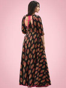 Mahek - Black Pink Block Printed Urave Cut Long Dress With Tie Up Deep Back - D395FXXXX