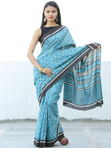 Sea Green Black Hand Block Printed  Cotton Mul Saree - S031703973