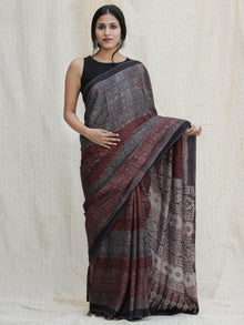 Charcoal Black Indigo Maroon Ajrakh Hand Block Printed Modal Silk Saree - S031704134