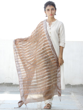 Light Brown Silver Cotton Silk Hand Block Printed Dupatta  - D04170557