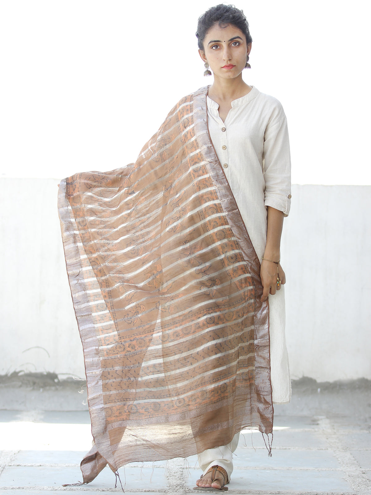 Light Brown Silver Cotton Silk Hand Block Printed Dupatta  - D04170557