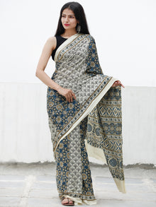 Off White Indigo Peanut Brown Ajrakh Hand Block Printed Modal Silk Saree in Natural Colors - S031703715