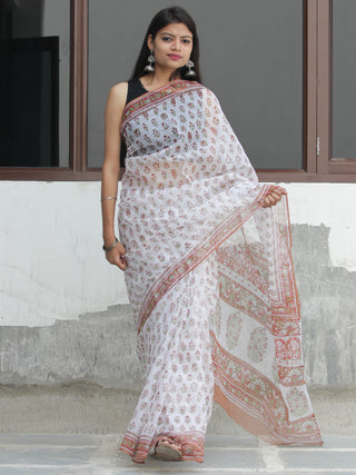 White Rust Green  Hand Block Printed Kota Doria Saree  - S031704092