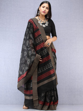 Black Red Hand Block Printed Chanderi Saree With Geecha Border - S031704500