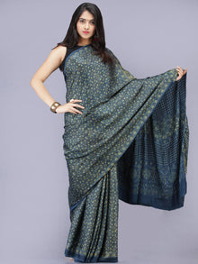 Indigo Olive Green Ajrakh Hand Block Printed Modal Silk Saree - S031704190