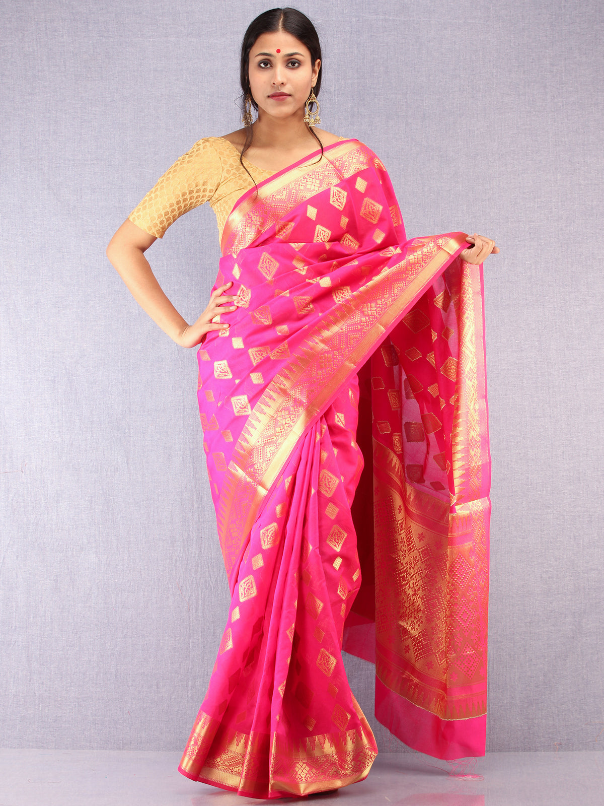 Banarasee Semi Silk Saree With Zari Work - Hot Pink & Gold  - S031704375