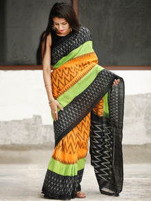 Black Green Orange Ikat Handwoven Cotton Saree - S031704046