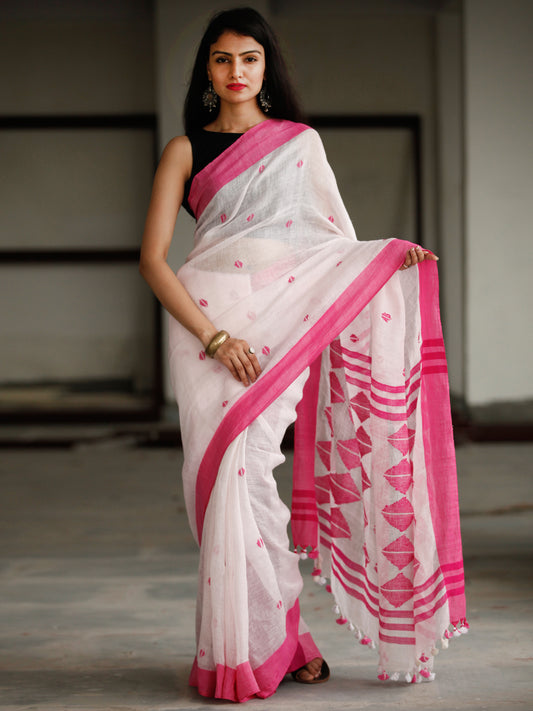 White Pink Handwoven Linen Jamdani Saree With Tassels - S031703793