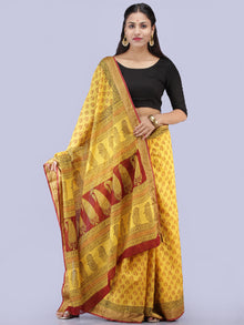 Yellow Maroon Black Bagh Printed Maheshwari Cotton Saree - S031704247