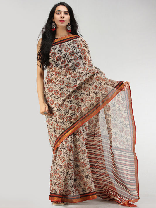 Beige Red Black Hand Block Printed Kota Doria Saree With Zari Border - S031704575