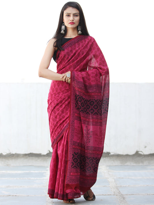 Crimson Pink Black Bagh Hand Block Printed Cotton Saree - S031703893