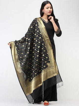 Banarasi Chanderi Jacquard Dupatta With Zari Work -  Black & Gold  - D04170912