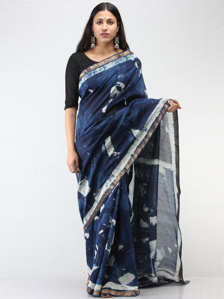 Indigo Ivory Hand Block Printed Maheshwari Silk Saree With Zari Border - S031704475