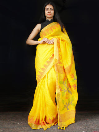 Yellow Red Green Handwoven Linen Jamdani Saree With Temple Border - S031703461