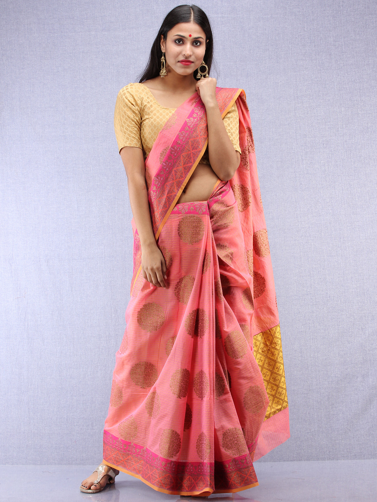 Banarasee Cotton Silk Saree With Zari Work - Pink Yellow & Gold - S031704421