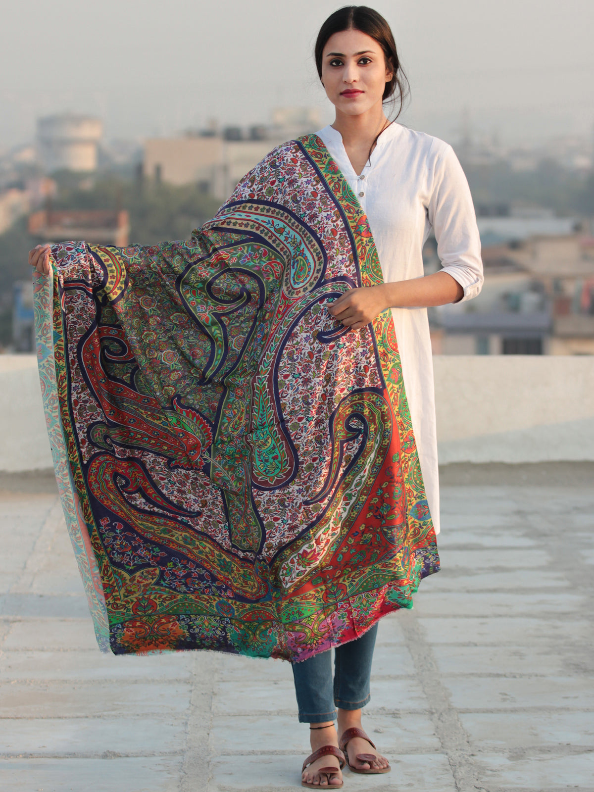Ivory MultiColor Digital Print Modal Silk Woollen Kashmiri Shawl - S200525