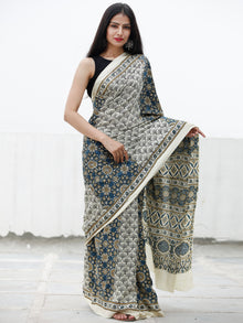 Off White Indigo Peanut Brown Ajrakh Hand Block Printed Modal Silk Saree in Natural Colors - S031703715