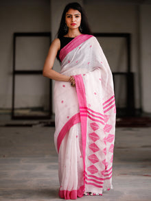 White Pink Handwoven Linen Jamdani Saree With Tassels - S031703793