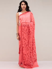 Pech Pink Aari Embroidered Georgette Saree From Kashmir - S031704644