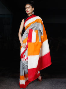 Grey Red White Orange Ikat Handwoven Mercerised Cotton Saree - S031703630