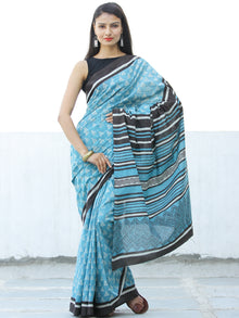 Sea Green Black Hand Block Printed  Cotton Mul Saree - S031703973