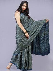 Indigo Olive Green Ajrakh Hand Block Printed Modal Silk Saree - S031704190