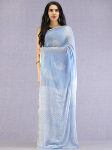 Baby Blue OffWhite Hand Block Printed Chiffon Saree with Zari Border - S031704604