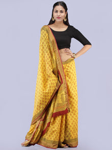 Yellow Maroon Black Bagh Printed Maheshwari Cotton Saree - S031704247