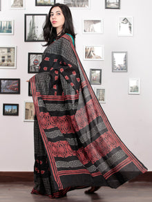 Black Crimson Red Grey Hand Block Printed Cotton Mul Saree   - S031703035