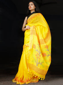 Yellow Red Green Handwoven Linen Jamdani Saree With Temple Border - S031703461