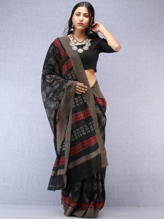 Black Red Hand Block Printed Chanderi Saree With Geecha Border - S031704500