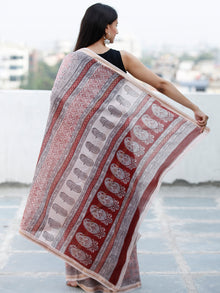 Light Beige Maroon Black Bagh Hand Block Printed Maheswari Silk Saree - S031703845