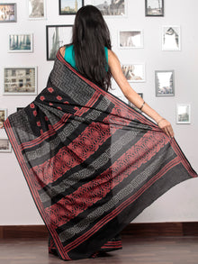 Black Crimson Red Grey Hand Block Printed Cotton Mul Saree   - S031703035