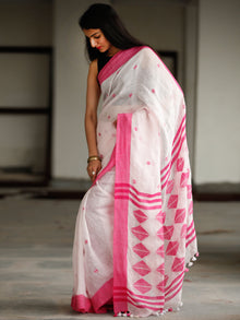 White Pink Handwoven Linen Jamdani Saree With Tassels - S031703793