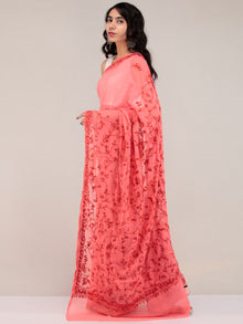 Pech Pink Aari Embroidered Georgette Saree From Kashmir - S031704644