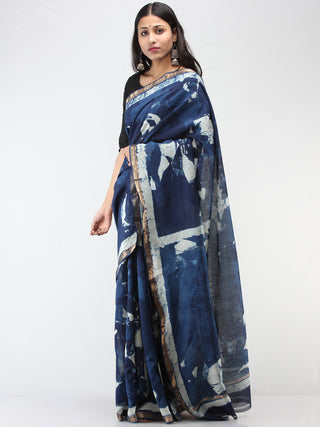 Indigo Ivory Hand Block Printed Maheshwari Silk Saree With Zari Border - S031704475