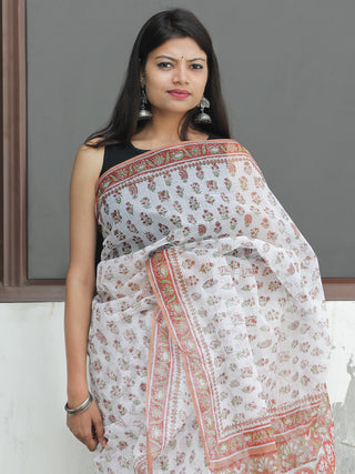 White Rust Green  Hand Block Printed Kota Doria Saree  - S031704092
