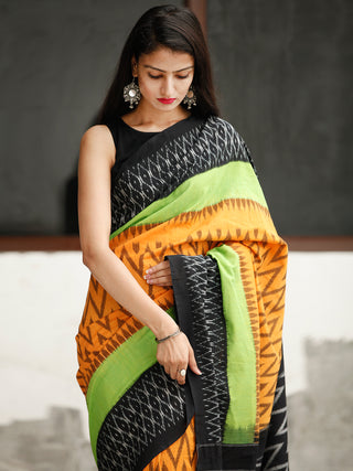 Black Green Orange Ikat Handwoven Cotton Saree - S031704046