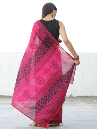 Crimson Pink Black Bagh Hand Block Printed Cotton Saree - S031703893