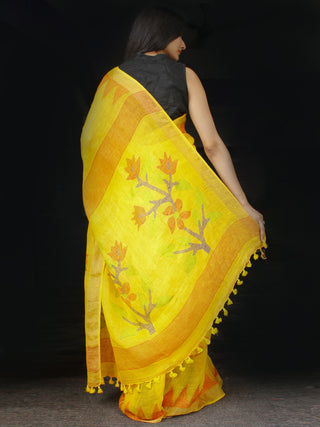 Yellow Red Green Handwoven Linen Jamdani Saree With Temple Border - S031703461