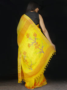 Yellow Red Green Handwoven Linen Jamdani Saree With Temple Border - S031703461