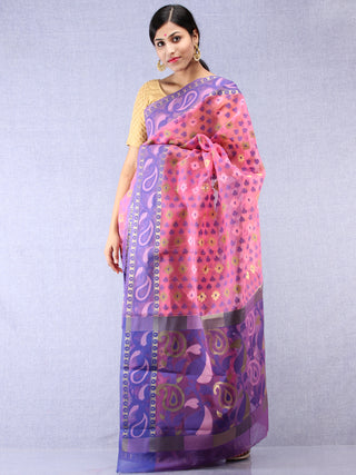 Banarasee Organza Saree With Zari & Resham Work - Pink Purple & Gold - S031704328