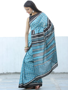 Sea Green Black Hand Block Printed  Cotton Mul Saree - S031703973