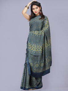 Indigo Olive Green Ajrakh Hand Block Printed Modal Silk Saree - S031704190